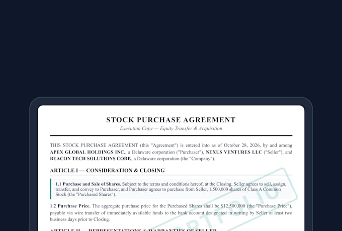 draft stock transfer agreements, equity purchase contracts, and legal resolution